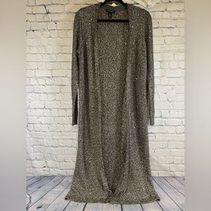 White House Black Market Gray Cream Sequin Long Open Cardigan Duster Sweater M
